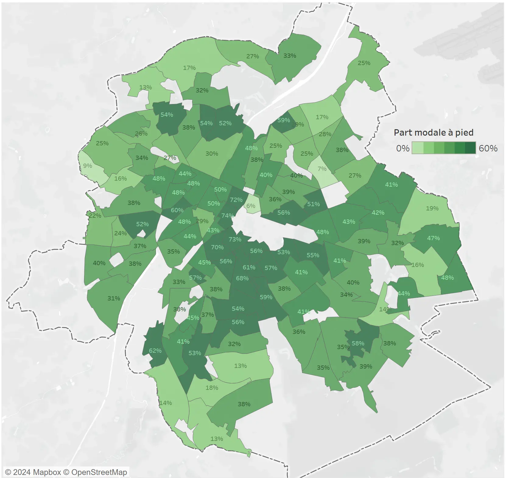 Les parts modales à pied sont élevées dans le centre, au sud et à l'est de la première couronne et reflètent la multitude de destinations accessibles à pied dans ces quartiers.