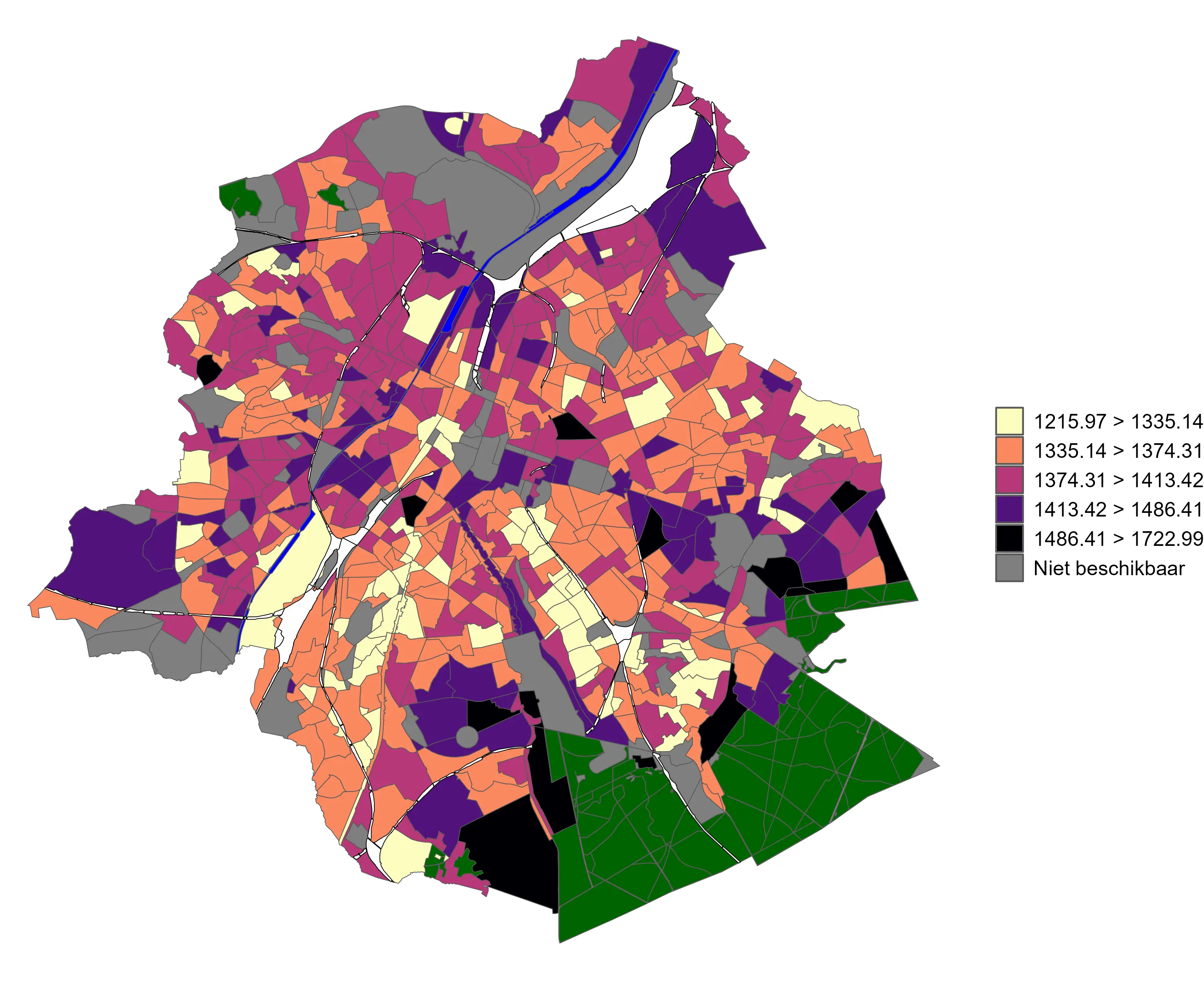 Kaart met de gemiddelde massa van de voertuigen ter beschikking van de Brusselse gezinnen per statistische sector (privéwagens en salariswagens). (Bron: Statbel (privéwagens) en VITO (salariswagens); berekeningen: BM; referentiedatum: 1/1/2022)