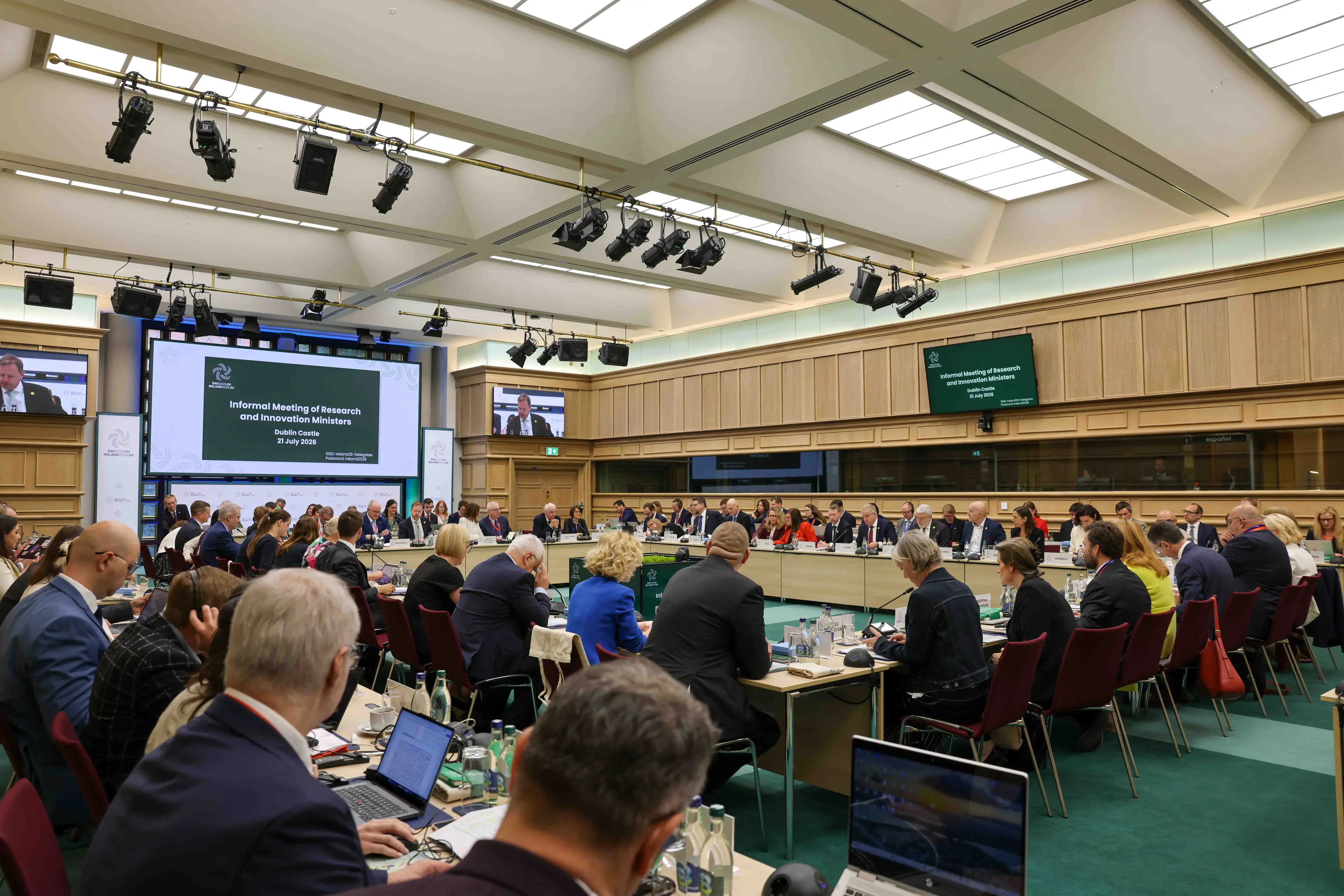 Participants in the meeting of EU research and innovation ministers, seated in a conference room